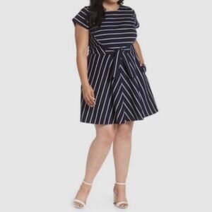 1901 Women’s Size 18 Dress A-line Navy Blue White Striped Tie Waist w/ Pockets